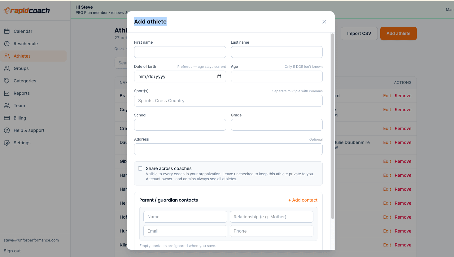 Adding an athlete with sport, school, grade, and parent/guardian contacts