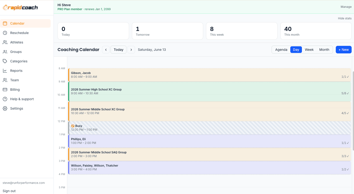 Day view showing each session's attendance count at a glance