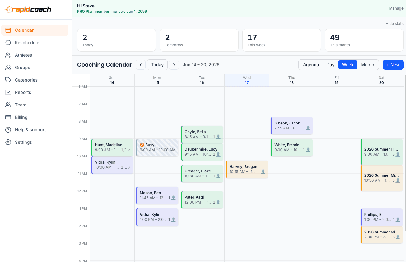 RapidCoach week calendar with color-coded coaching sessions and attendance counts