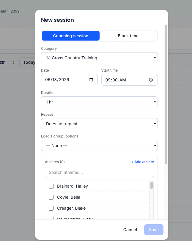 Creating a coaching session — category, date, duration, recurrence, and roster